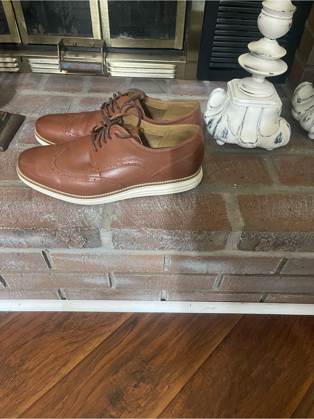 Cole Haan Tan Leather Wingtip Derbys with Contrasting White Sole - Picture 2 of 4